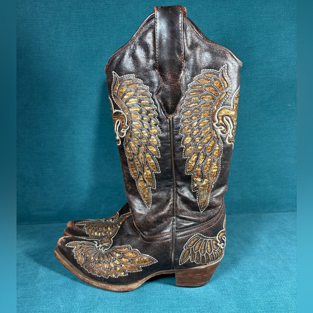 WOMENS CORRAL FLEUR DE LIS WINGS BROWN LEATHER COWBOY BOOTS SIZE 6.5